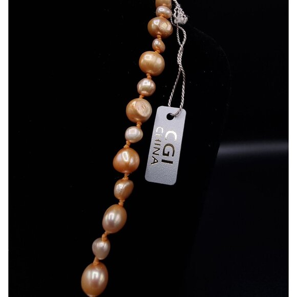 CGI Freshwater Pearl Long Necklace Hand-Knotted Natural Iridescent Peach - Picture 5 of 6